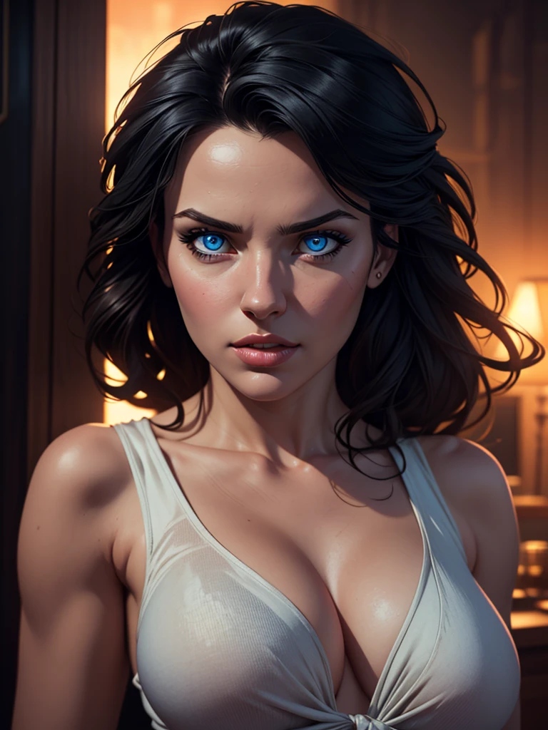 a woman in her 20s, large breasts, tight revealing clothes, pants, blue eyes, black hair, detailed face, detailed eyes, detailed lips, extremely detailed, masterpiece, 8k, realistic, photorealistic, vivid colors, cinematic lighting, dramatic lighting
