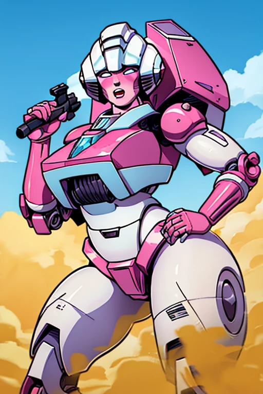 HD, high quality, high resolution, ultrahd, pink ranger, arcee, robot, mecha, 1female, huge body, massive fart, yellow smoke, embarrassed, clenching teeth