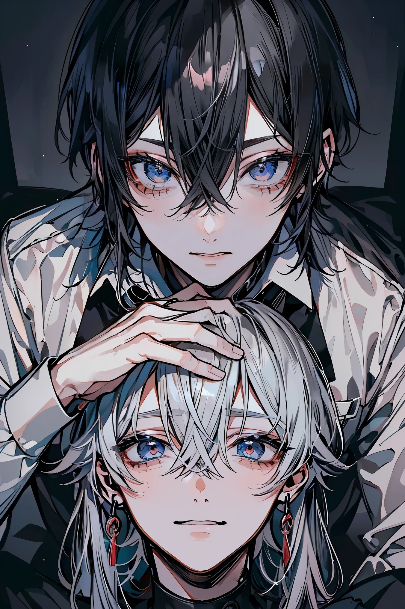 (Mastepiece)、(Best Quality)、Very detailed、((Two intimate men:1.5))、Perfect Face、Beautiful Face、Very detailedな顔、4K、8K、(Black-haired man:1.3)、(Grey-haired man:1.3)、shirt、(smile:1.2)