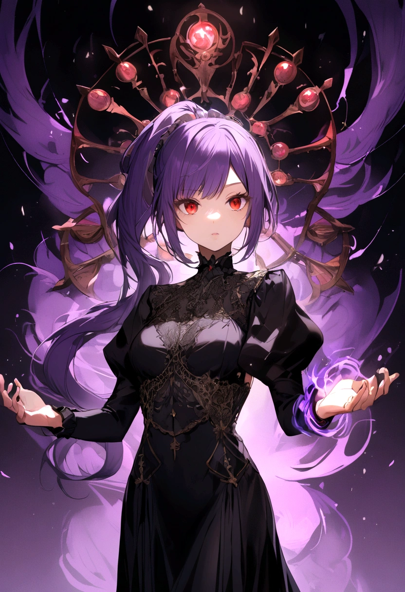 purple haired girl, waist length ponytail, red eyes, wearing black dress like model,