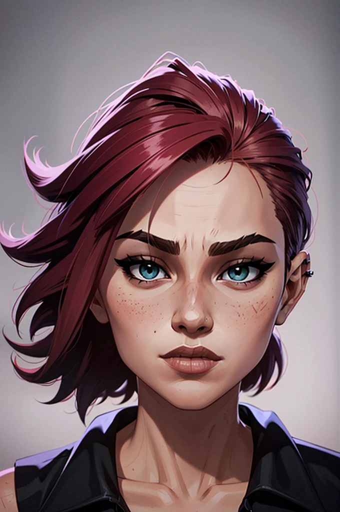 a woman with punk red hair (very short on the sides) and a black shirt is standing in front of ablack background with blue brush splash, lois van baarle and rossdraws, portrait of vi from arcane, artgerm and lois van baarle, rossdraws 2. 0, rossdraws 1. 0, rossdraws 2. 5, artgerm and rossdraws, artgerm comic, black background with blue brush splash, 8K image quality, Masterpiece