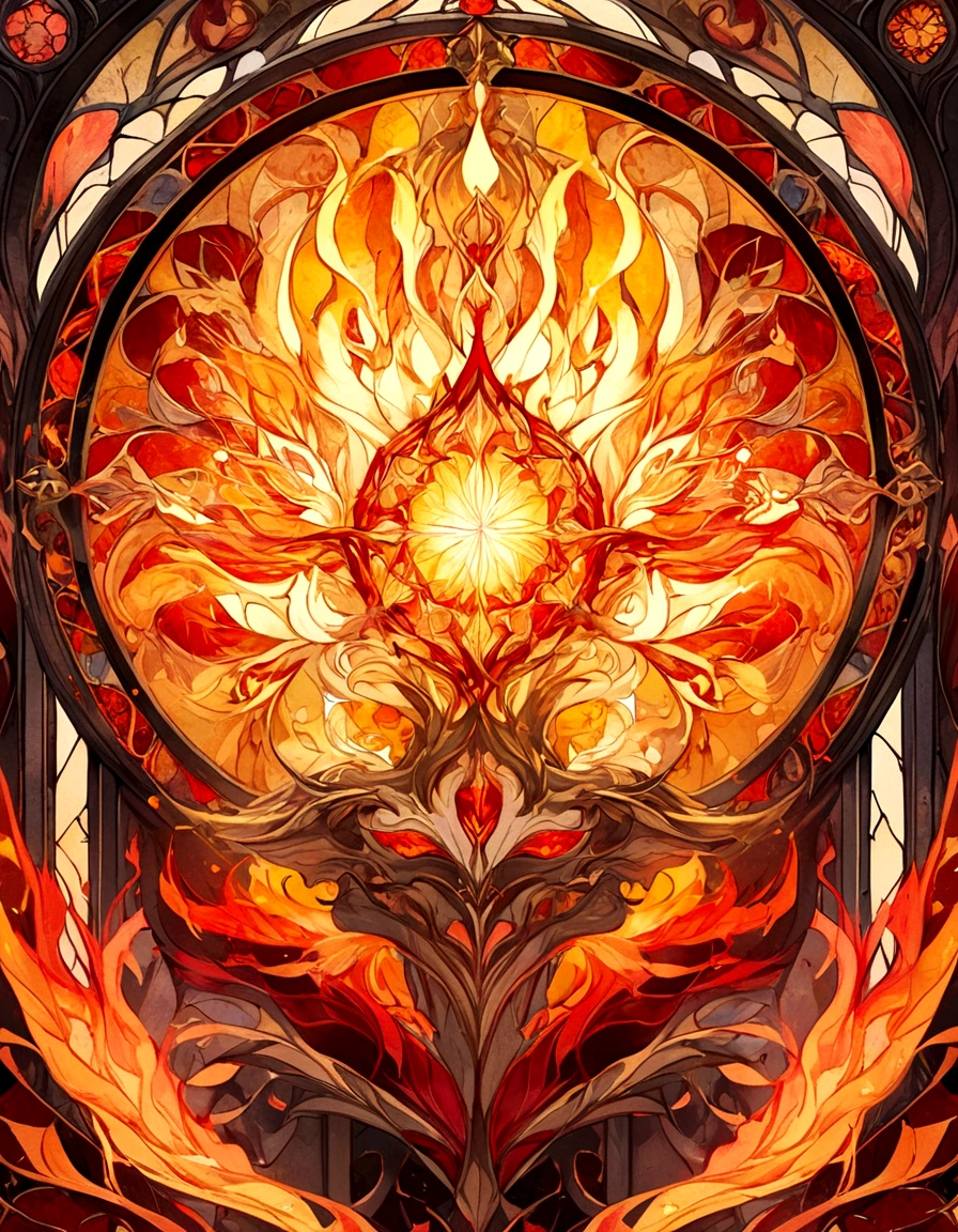 Create a series of images for the element fire inspired by the aesthetics of a detailed stained glass art with defined lines and vivid colors that mimic and remind us of a bygone fantasy era. Each image should reflect the characteristics of the corresponding element, using an appropriate color palette. The element of fire, with details and ornaments inspired by flames and heat. Intense reds, bright oranges, yellows and golden tones. Incorporate elements of fire and lava, with burning blades and details in the form of flames.