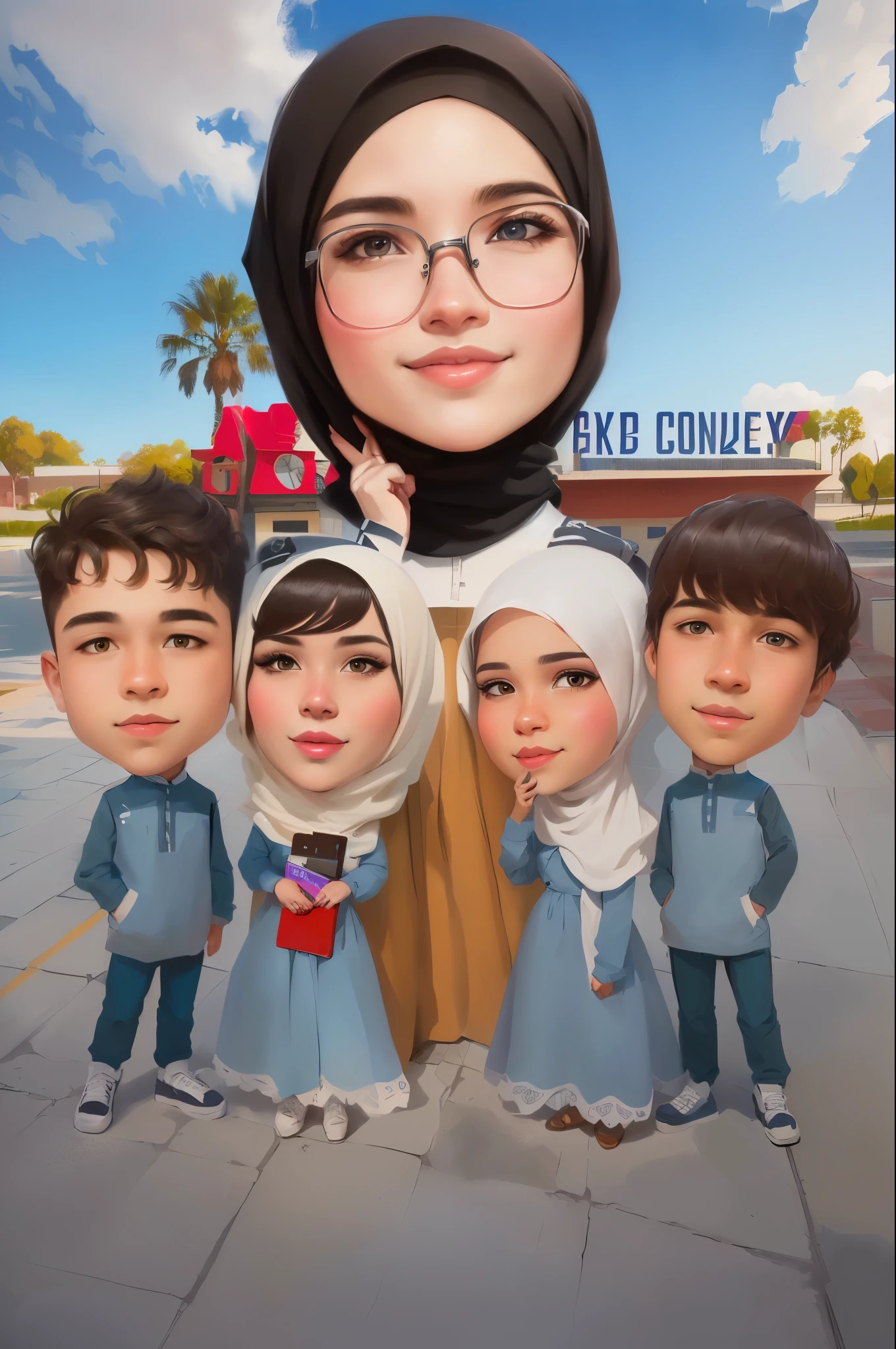 cartoon of a hijab woman with Two white hijab girls and 2 boys, wearing uniforms, caricature illustration, digital art cartoon, caricature style, in cartoon style, cartoon artstyle, caricature, cartoon digital art, inspired by JoWOnder, cartoon portrait, potrait, caricature!!!, teacher, by Abidin Dino, inspired by Nil Gleyen, cartoon digital painting, full protrait