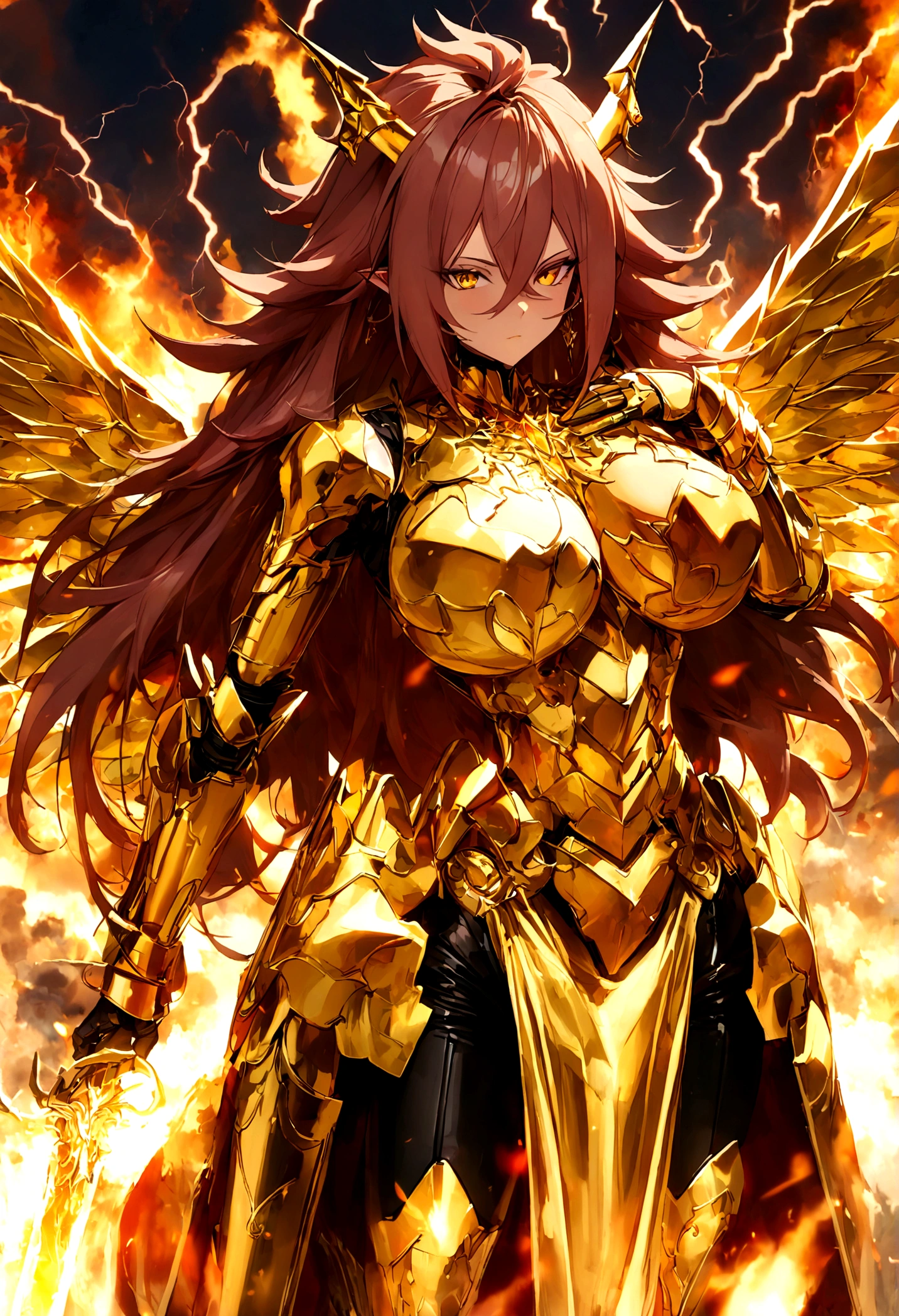 ((Lightning Power)), ((Electricity)), ((Fire Background)), ((Lightning Storm)), ((Power Erupting)),((((android 21 Evil)))), (((white Coat))), (((Busty))), (((((Big breast:1,3)))), luxury bustier corset, (((silver hair))), (((Very slim waist))), propotional body, ((Gorgeous)), (((gold wings))), masterpiece, hyperdetail, ambient effect, digital effect, (((FIRE SWORD)), (((Lightning Sword))), (((Fire Gold Armor))), (((Lightning Gold Wings))), (((Fire Blazing Horns)))