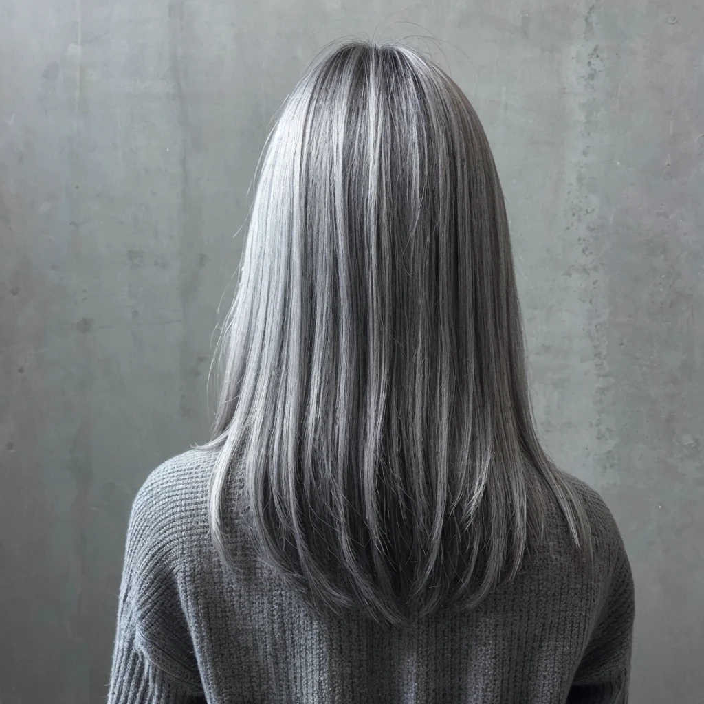 Back view、woman、Close-up of a person with long hair, grey, 青grey, greyになる, Gray Hair, hair color, Gray monochrome, silver, 8k!!, アッシュブロンドのgreyがかった髪, Flat gray color, High collar, dark Gray Hair, greyがかった色調, Faded colors, long gray-white hair, Background concrete