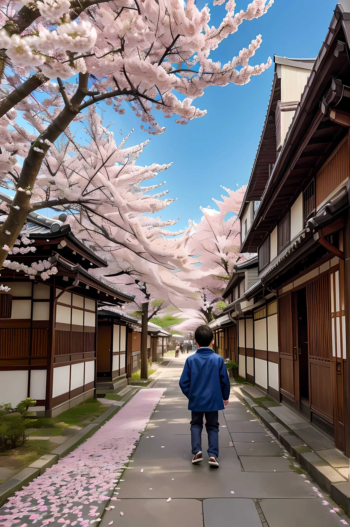 Title: "Sakura Symphony: A Journey Through Spring"
Prompt:
In the heart of a bustling Japanese city, the streets are adorned with the delicate pink hues of cherry blossoms in full bloom. Against this picturesque backdrop, a young boy embarks on a journey through the enchanting streets, his steps guided by the gentle breeze carrying the fragrance of sakura. Describe the scene in vivid detail, capturing the essence of springtime in Japan through the lens of anime.
As the boy wanders through the streets, cherry blossom petals dance around him, creating a whimsical melody that echoes through the air. Each step he takes is accompanied by the soft rustle of petals underfoot, a symphony of nature's beauty intertwined with the urban rhythm of the city.
Amidst the sea of blossoms, the boy encounters various characters, each with their own stories to tell. From street vendors selling traditional treats to fellow wanderers captivated by the ephemeral beauty of the sakura, the city comes alive with a sense of camaraderie and shared wonder.
But amidst the joyous celebration of spring, there is also a hint of melancholy, as the boy reflects on the transient nature of beauty and the fleetingness of moments. As the sun sets and the petals begin to fall like tears from the sky, he finds solace in the quiet stillness of the night, cherishing the memories of this fleeting season of sakura.
Through rich imagery and poignant storytelling, explore the themes of transience, beauty, and the cyclical nature of life against the backdrop of a Japanese springtime.