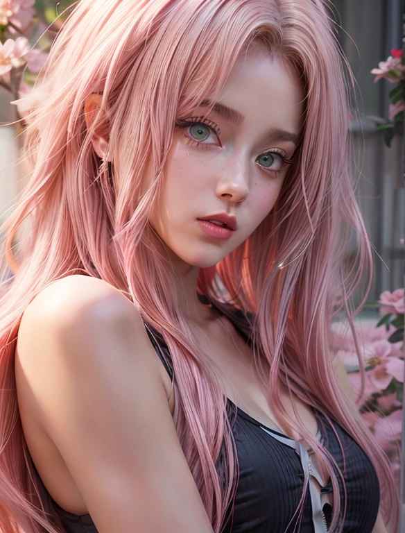 young woman, short shoulder-length pink hair, wide forehead, porcelain skin, pink eyebrows, big emerald green eyes, buttoned nose, full lips, heart-shaped face, slender body, small breasts, red tank top, Sakura Haruno , realistic, realism, details, 3d, well detailed