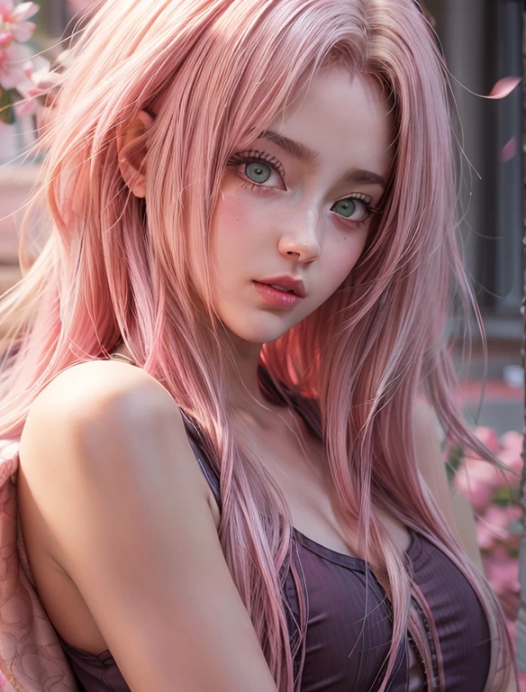 young woman, short shoulder-length pink hair, wide forehead, porcelain skin, pink eyebrows, big emerald green eyes, buttoned nose, full lips, heart-shaped face, slender body, small breasts, red tank top, Sakura Haruno , realistic, realism, details, 3d, well detailed