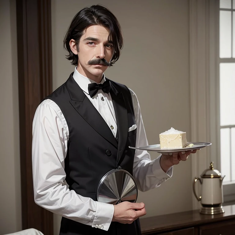 Realistic, butler, English man, white man late 50's, salt and peper hair, butler outfit, serving, servent, moustache, handsome, Black hair, hair starting to turn white, bob haircut reaching the chin, black hair with white sides