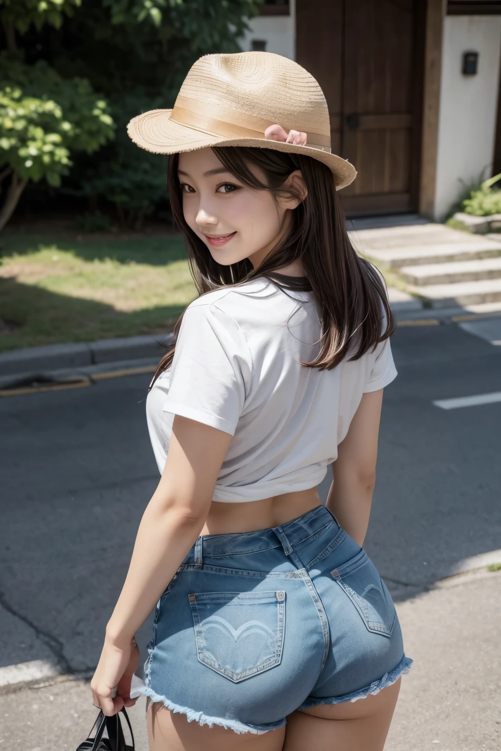 Make japanese woman with shorts hair, with hat, and a short jeans with curvy booty and smiling. Focus on butt