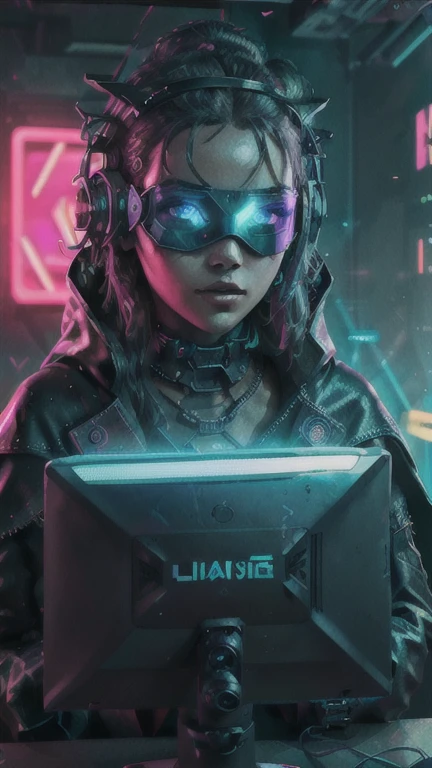 ((highest quality)), ((masterpiece)), (Very detailed:1.3), 3D,Neon Black, Beautiful Cyberpunk Woman,(Wear a large, high-tech head-mounted display:1.2),wear a cape,Hacking a computer terminal,Purple neon light from monitor, Green neon sign on the wall,