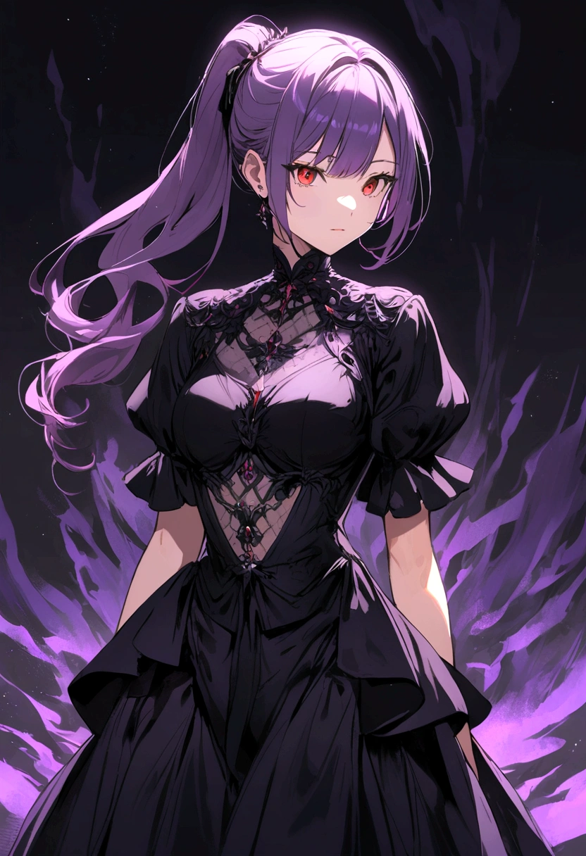 purple haired girl, waist length ponytail, red eyes, wearing black dress like model,