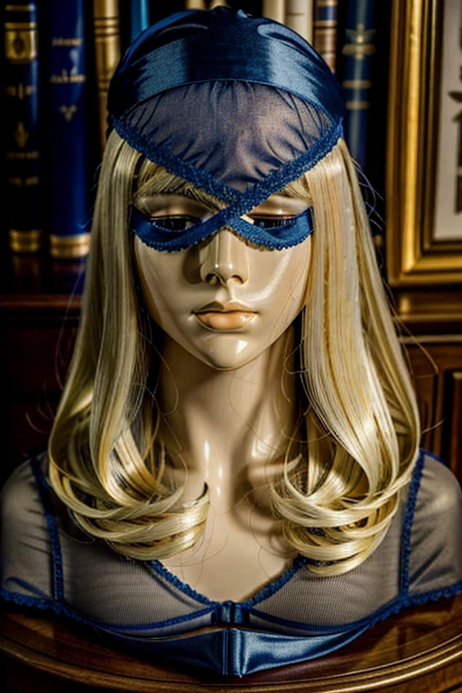 a beautiful detailed manequin head with a blue blindfold over the eyes, long blonde wig, on a nightstand, soft lighting, photorealistic, 8k, highly detailed, hyperrealistic, dramatic lighting, cinematic, moody atmosphere, warm color tones