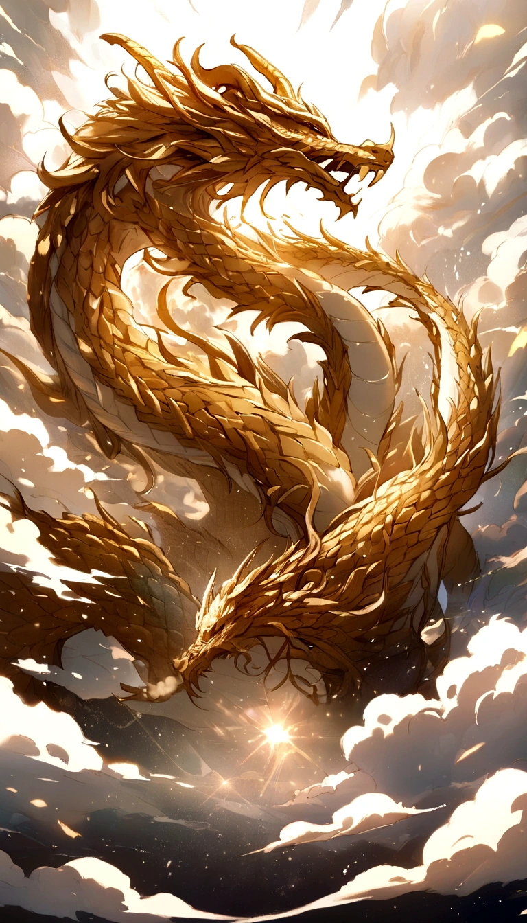 flag、masterpiece、(White Background:1)、Golden Chinese dragon surrounded by white clouds、god々々Hello、Wind、god々、Long undulating body、tooth、Upper body、Fantasy、god話、high quality、Very detailed、masterpiece、amazing、Particle Effects、Dynamic Effects