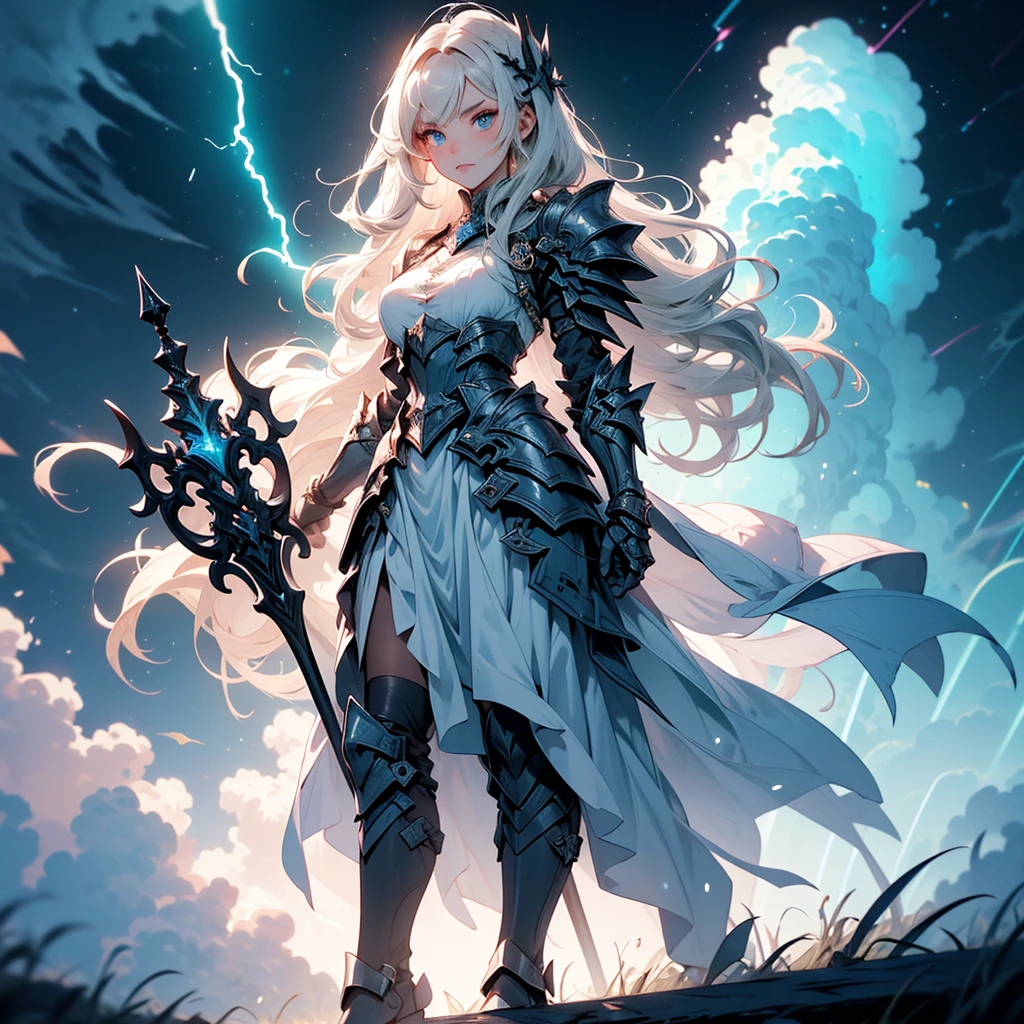((full body shot)) of a girl in electrifying, futuristic armor with sleek silver and blue accents, standing in a stormy, electrified sky. She has short, spiky platinum blonde hair and piercing, electric blue eyes. Her skin has a faint, radiant glow, and she is adorned with intricate lightning bolt motifs. She holds a magnificent staff crackling with arcs of lightning, emitting a powerful, electric aura. The atmosphere is {charged|awe-inspiring}, with thunderclouds and bolts of lightning illuminating the scene. The ground beneath her is charged with static electricity, creating a shimmering effect and adding to the electrifying ambiance. Surrounding her are swirling storm clouds and bursts of lightning in shades of {blue|white}, casting a dynamic, electrical glow. The background features towering, swirling storm formations and glimpses of a distant, lightning-lit castle, hinting at a kingdom ruled by thunder and lightning. The scene is intense and majestic, with her face showing a confident yet serene expression, her eyes focused intently on harnessing her power.

[Best quality], [Masterpiece], [Ultra-detailed], [4k], {charged|awe-inspiring} atmosphere, stormy sky, {dynamic pose|commanding pose}, electrified illumination, {soft shadows|dramatic lighting}, {charged ground:0.7}, {swirling storm clouds:0.6}, {bursts of lightning:0.5}, {storm formations:0.4}, {lightning-lit castle:0.3}.