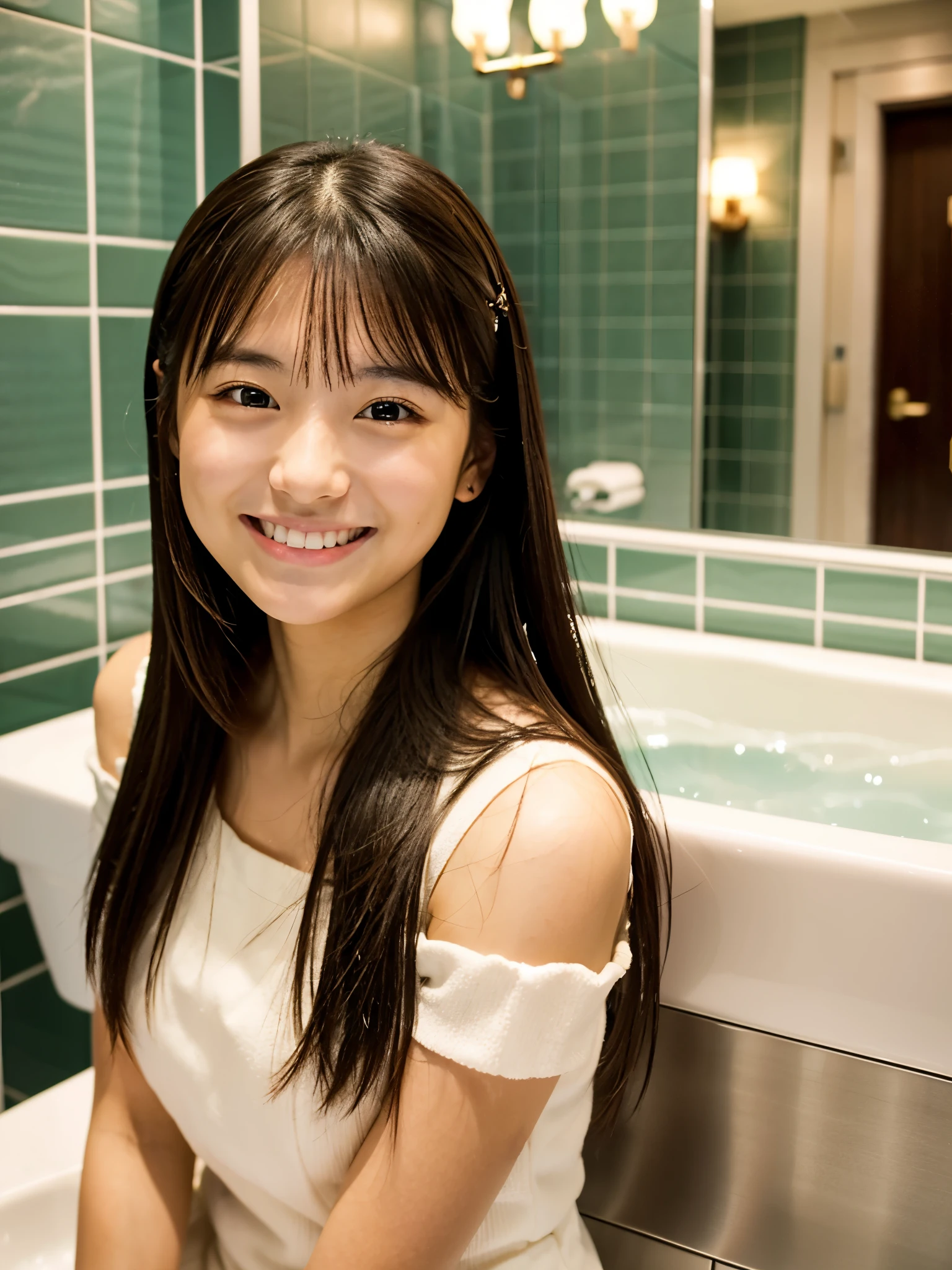 cute, 16歳アイドルのようにcute20歳少女、Smiling Kindly、height: 150cm、(Luxury hotel bathroom)、(I'm shampooing)、Cleavage、Natural light、whole body、RAW Photos、Genuine、live-action、realism、masterpiece、RAW Photos、High resolution、