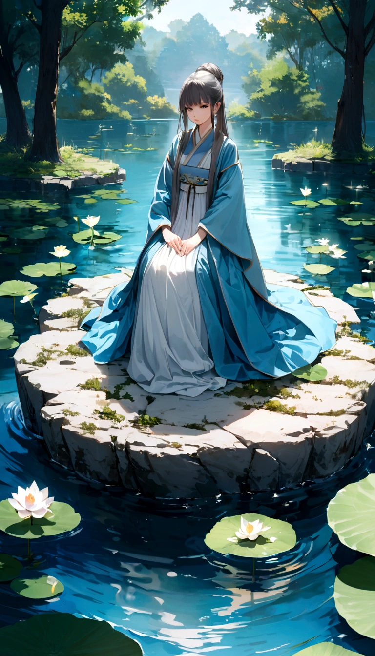 There is a blue dress, 16 long legs, Woman sitting on a rock in the water, Standing gracefully on a lotus flower, Heavenly Beauty, Wearing a blue Chinese dress, court, Girl in Hanfu, Wearing a blue Chinese dress, Summer is full of fairies, In the pond, White Hanfu, A surprisingly young and mysterious person, loose fitting dress, Light blue, Hair behind the ear