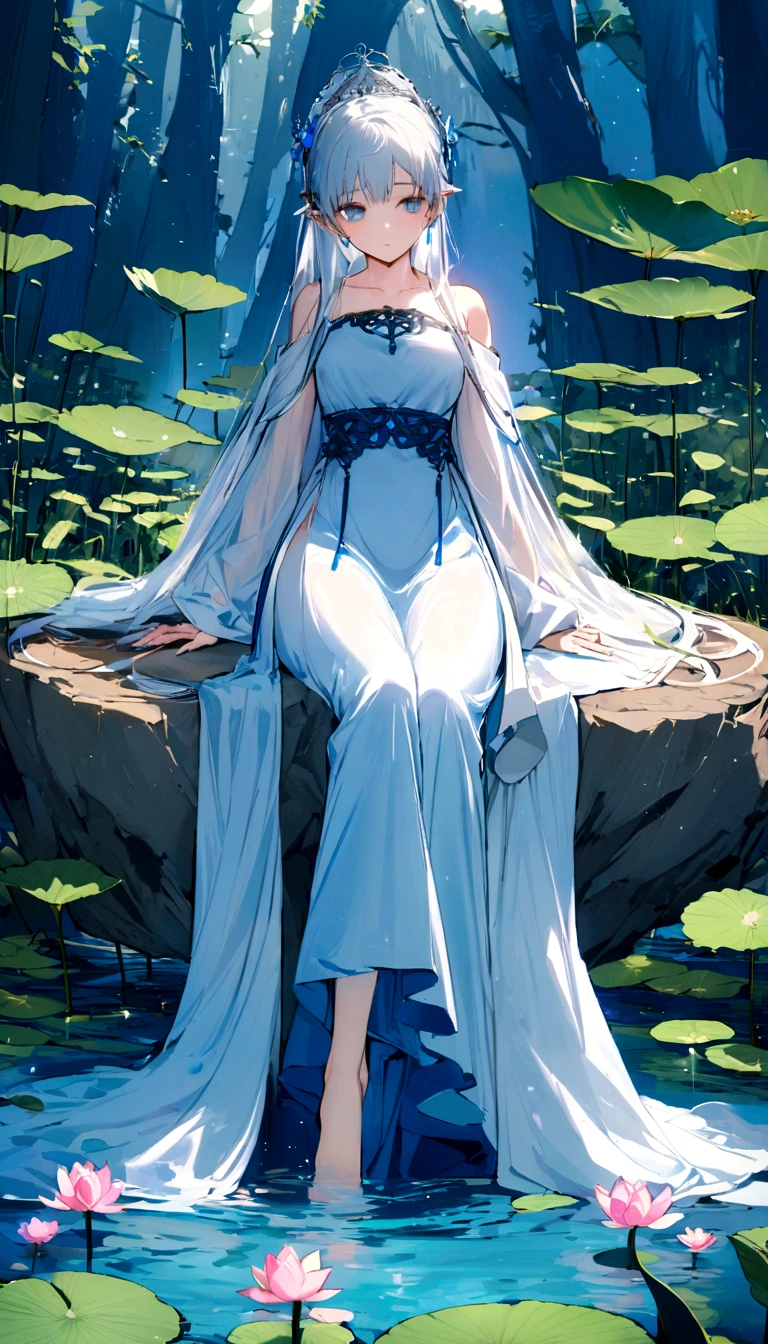 There is a blue dress, 16 long legs, Woman sitting on a rock in the water, Standing gracefully on a lotus flower, Heavenly Beauty, Wearing a blue Chinese dress, court, Girl in Hanfu, Wearing a blue Chinese dress, Summer is full of fairies, In the pond, White Hanfu, A surprisingly young and mysterious person, loose fitting dress, Light blue, Hair behind the ear  