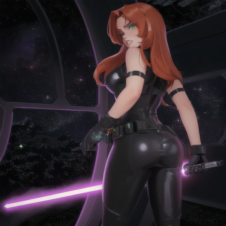 (best quality,8k:1.2,high resolution:1.2), (best quality:1.3),masterpiece, best quality, high res, detailed, (Detailed face:1.2), (Detailed eyes:1.2), (Perfect figure:1.2), CARTOON, ANIME, CARTOON ARTSTYLE, ultra-detailed, vintage science fiction, Star Wars based setting, extremely detailed face, long eyelashes, (Mara Jade), Mara Jade Skywalker, long orange hair, bright green eyes, red lipstick, attractive body, athletic figure, bubble butt. She's looking at the camera with a disgusted and irritated expression, mouth closed, teeth, looking from behind, body facing the window. She's wearing a tight shiny black leather suit, black gloves, gun holster, utility belt and high-heel boots. Upper body shot, back view, ass view. She holding a purple lightsaber. Background: Indoors, space station, window, view of outer space, stars