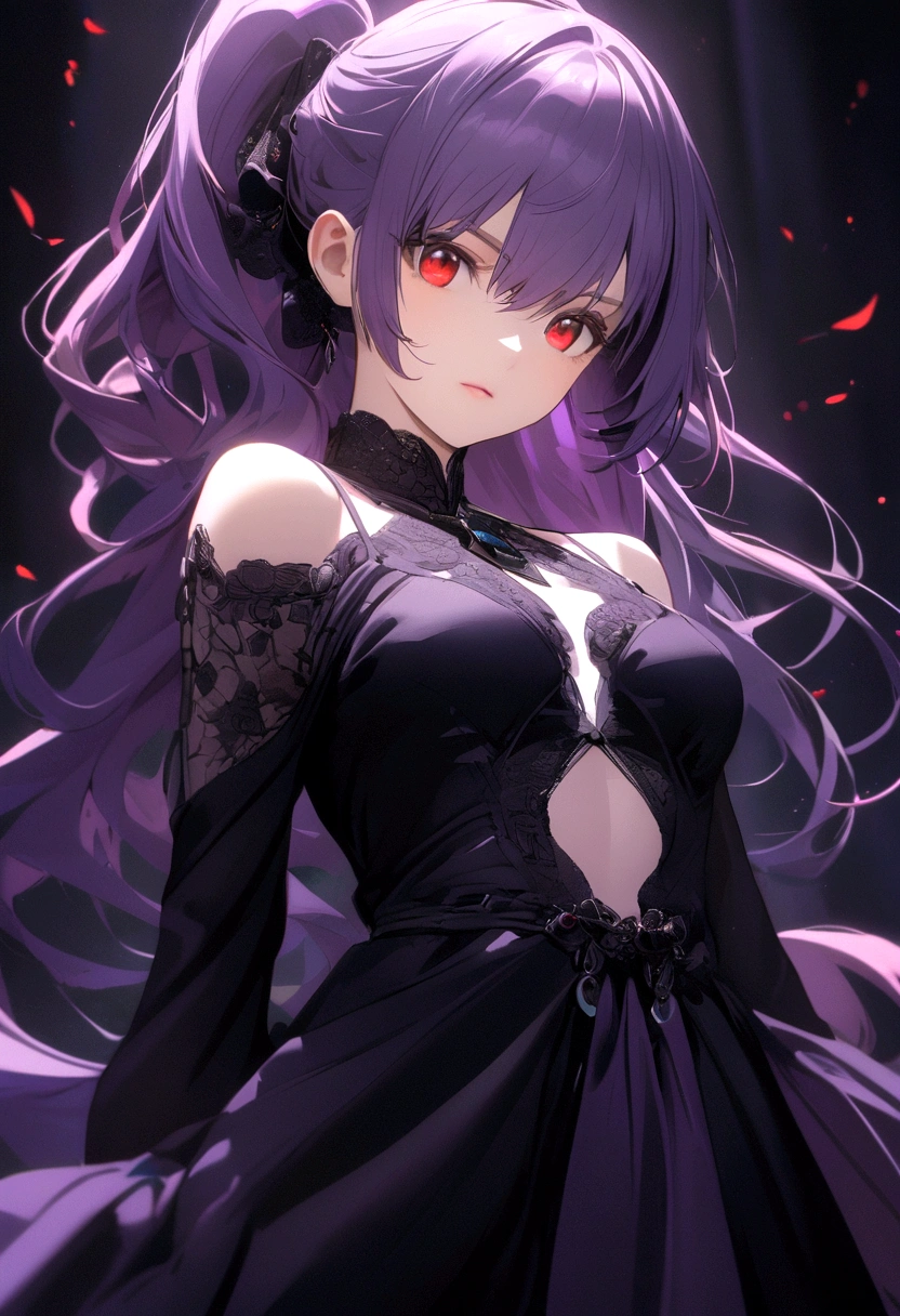 purple haired girl, waist length ponytail, red eyes, wearing black dress like model,