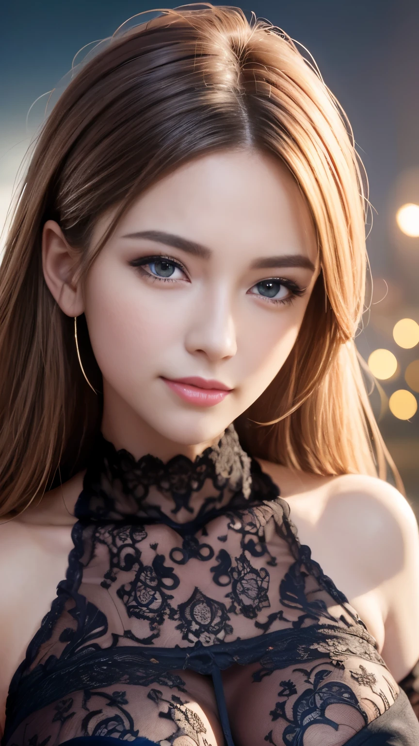 (logo, masterpiece, 8K, Tabletop, RAW Photos, wonderful, 最high quality, Photorealistic and very detailed CG composite 8k wallpaper, high quality, Very detailed, Narrative poem, Particle Effects, Dynamic Effects, Depth of the Boundary, What is written i, Cinematic Light, Lens flare, Ray Tracing), high detail skin, (very fine, fine skin texture, intricate details, beautiful face, (realistic face), realistic eyes, beautifully detailed eyes, realistic skin, beautiful skin, surreal, very detailed Golden ratio, smiling eyes, ((night moonlight background) )), body portrait, G cup, big breasts, huge breasts, big breasts, glamorous, sexy knit dress,