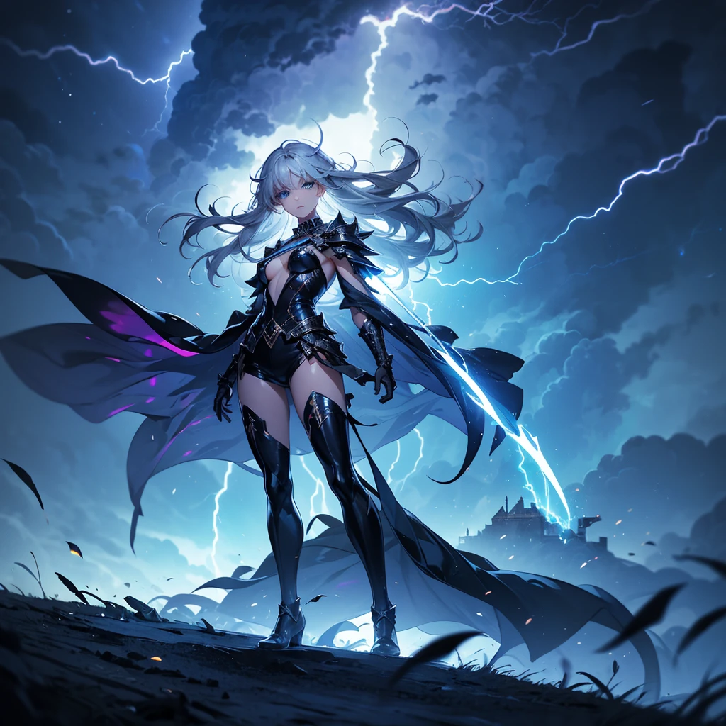 ((full body shot)) of a girl in electrifying, futuristic armor with sleek silver and blue accents, standing in a stormy, electrified sky. She has short, spiky platinum blonde hair and piercing, electric blue eyes. Her skin has a faint, radiant glow, and she is adorned with intricate lightning bolt motifs. She holds a magnificent staff crackling with arcs of lightning, emitting a powerful, electric aura. The atmosphere is {charged|awe-inspiring}, with thunderclouds and bolts of lightning illuminating the scene. The ground beneath her is charged with static electricity, creating a shimmering effect and adding to the electrifying ambiance. Surrounding her are swirling storm clouds and bursts of lightning in shades of {blue|white}, casting a dynamic, electrical glow. The background features towering, swirling storm formations and glimpses of a distant, lightning-lit castle, hinting at a kingdom ruled by thunder and lightning. The scene is intense and majestic, with her face showing a confident yet serene expression, her eyes focused intently on harnessing her power.

[Best quality], [Masterpiece], [Ultra-detailed], [4k], {charged|awe-inspiring} atmosphere, stormy sky, {dynamic pose|commanding pose}, electrified illumination, {soft shadows|dramatic lighting}, {charged ground:0.7}, {swirling storm clouds:0.6}, {bursts of lightning:0.5}, {storm formations:0.4}, {lightning-lit castle:0.3}.