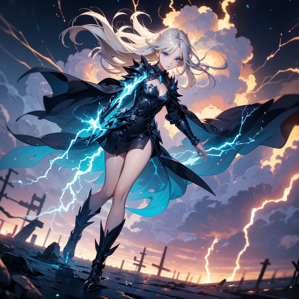 ((full body shot)) of a girl in electrifying, futuristic armor with sleek silver and blue accents, soaring through a stormy, electrified sky. She has short, spiky platinum blonde hair and piercing, electric blue eyes. Her skin has a faint, radiant glow, and she is adorned with intricate lightning bolt motifs. She holds a magnificent staff crackling with arcs of lightning, emitting a powerful, electric aura. The atmosphere is {charged|awe-inspiring}, with thunderclouds and bolts of lightning illuminating the scene. The ground beneath her is charged with static electricity, creating a shimmering effect and adding to the electrifying ambiance. Surrounding her are swirling storm clouds and bursts of lightning in shades of {blue|white}, casting a dynamic, electrical glow. As she flies, she effortlessly manipulates the lightning bolts with her outstretched hand, showcasing her mastery over electricity. The background features towering, swirling storm formations and glimpses of a distant, lightning-lit castle, hinting at a kingdom ruled by thunder and lightning. The scene is intense and majestic, with her face showing a confident yet serene expression, her eyes focused intently on harnessing her power.

[Best quality], [Masterpiece], [Ultra-detailed], [4k], {charged|awe-inspiring} atmosphere, stormy sky, {dynamic pose|commanding pose}, electrified illumination, {soft shadows|dramatic lighting}, {charged ground:0.7}, {swirling storm clouds:0.6}, {bursts of lightning:0.5}, {storm formations:0.4}, {lightning-lit castle:0.3}.