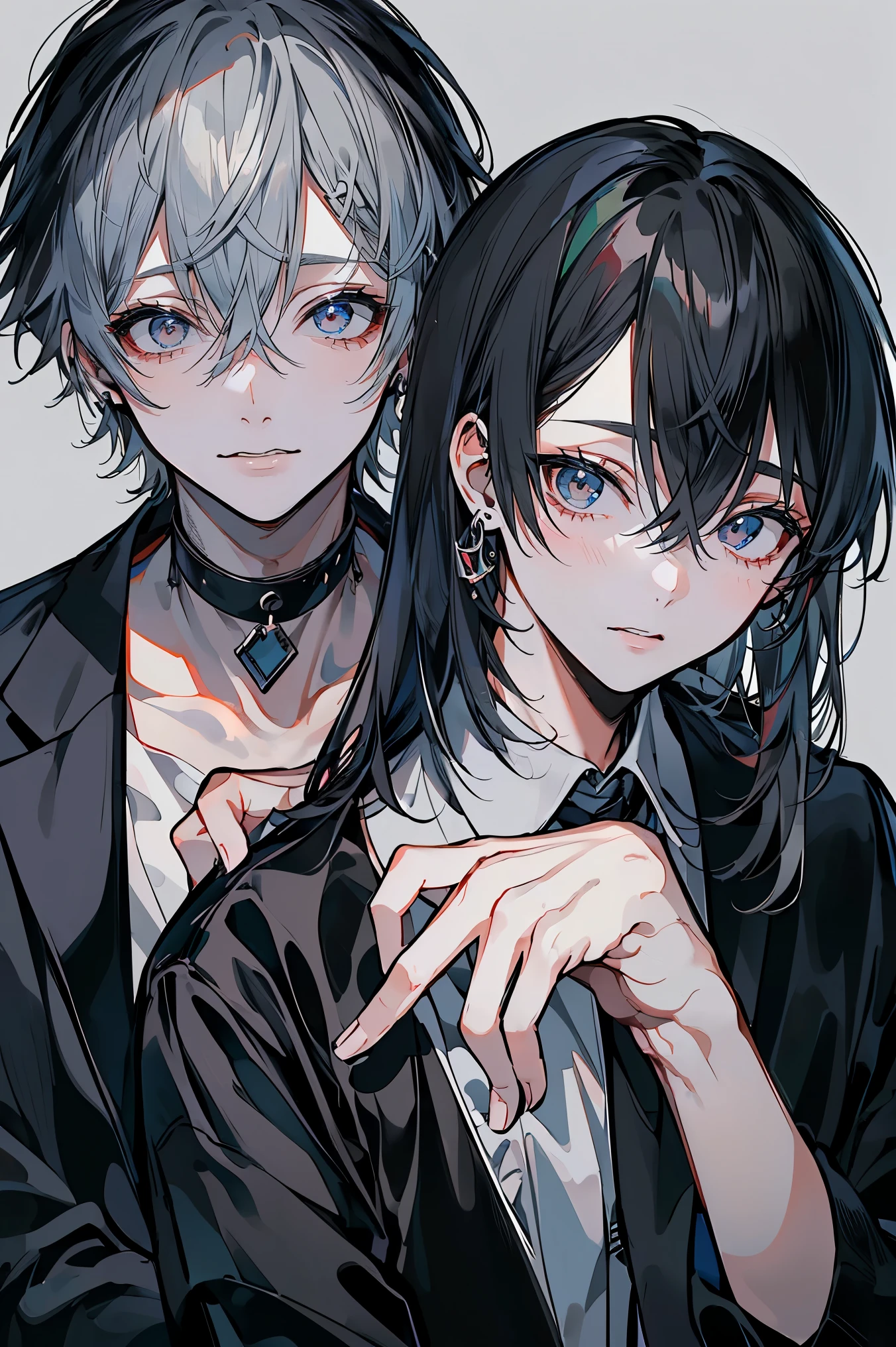 (Mastepiece)、(Best Quality)、Very detailed、((Two friendly men:1.5))、Perfect Face、Beautiful Face、Very detailedな顔、4K、8K、(Black-haired man:1.3)、(Grey-haired man:1.3)、shirt、(smile:1.2)