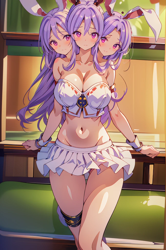 (masterpiece, best quality), best quality, (ultra-detailed), (3heads:1.5), 1girl, (reisen udongein inaba :1.3), masterpiece, best quality, ultra quality, ultra resolution, ultra detail, white top, crop top, ((stomach)), midriff, ((groin)), purple skirt, normal ears, shackles, purple hair, very long hair, wavy hair, sidelocks, red eyes, parted lips, very detailed eyes sweat, cute, toned belly, hand on own chest, eyelashes, (25 year old woman:1.3), (masterpiece:1.5), (best quality:1.5), (beautiful detailed), extremely detailed CG, extremely delicate and beautiful, depth of field, (finely detailed face), (perfect details:1.3), (mature female:1.3), wide pelvis, slender, large veiny breast, 16k resolution, highres, very high quality, high definition, extremely detailed, masterpiece, purple hair, long hair, alluring presence, braid, short skirt, close up, very big tits, huge tits, young, bunny ears,