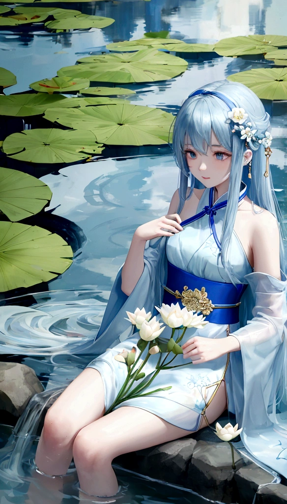 There is a blue dress, 16 long legs, Woman sitting on a rock in the water, Standing gracefully on a lotus flower, Heavenly Beauty, Wearing a blue Chinese dress, court, Girl in Hanfu, Wearing a blue Chinese dress, Summer is full of fairies, In the pond, White Hanfu, A surprisingly young and mysterious person, loose fitting dress, Light blue, Hair behind the ear