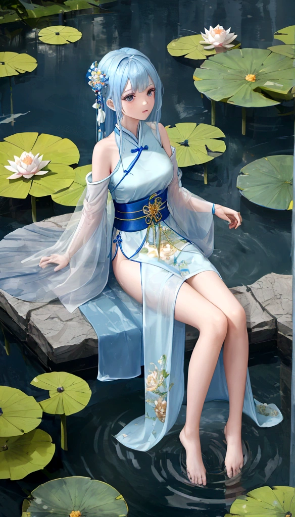 There is a blue dress, 16 long legs, Woman sitting on a rock in the water, Standing gracefully on a lotus flower, Heavenly Beauty, Wearing a blue Chinese dress, court, Girl in Hanfu, Wearing a blue Chinese dress, Summer is full of fairies, In the pond, White Hanfu, A surprisingly young and mysterious person, loose fitting dress, Light blue, Hair behind the ear