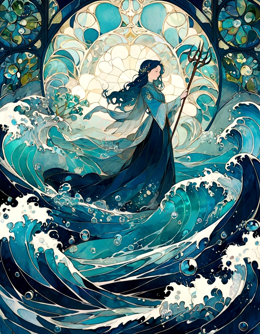 Create a series of images for the element water inspired by the aesthetics of a detailed stained glass art with defined lines and vivid colors that mimic and remind us of a bygone fantasy era. The element of water with details and embellishments inspired by waves and water currents. deep blues, turquoises, sea greens and sparkling whites. Incorporate elements of water and bubbles, with water leaves and wave details. Symbols or objects such as a trident or a stick with a water motif. Hide a man representing air with the same stain glass