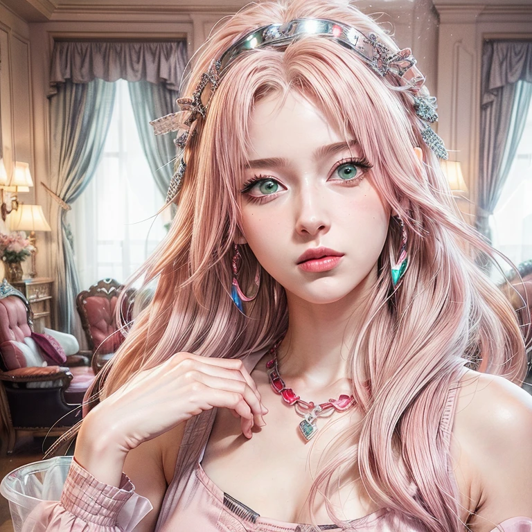 young woman, short shoulder-length pink hair, wide forehead, porcelain skin, pink eyebrows, big emerald green eyes, buttoned nose, full lips, heart-shaped face, slender body, small breasts, red tank top, Sakura Haruno , realistic, realism, details, 3d, well detailed