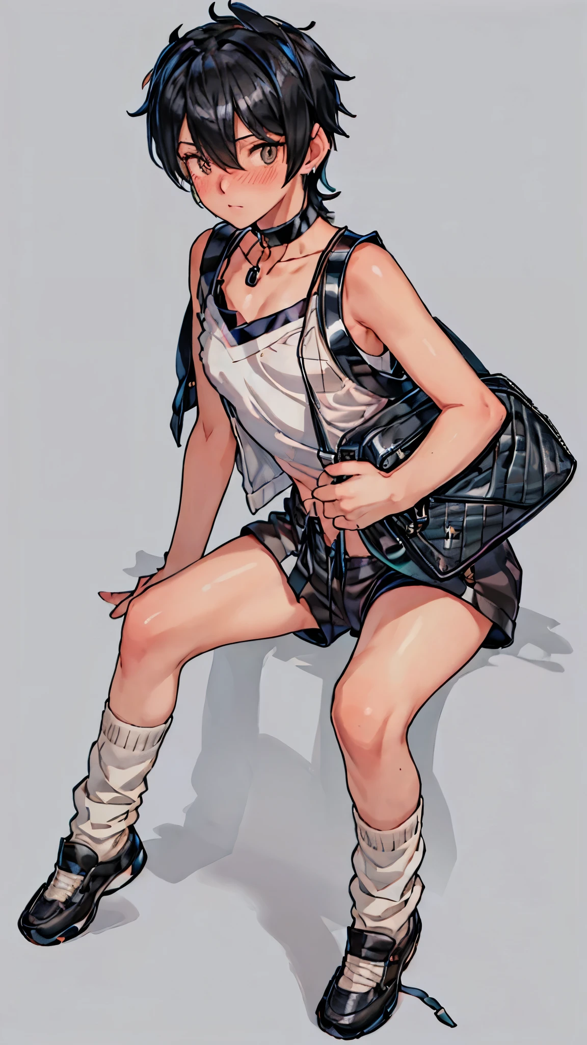 "best quality,ultra-detailed,((background:outside the park1,8)),(one boy),(full body),portraits,((sissy boy,tomboy,FemBoy,trap1,8)),((bulge1.8)),(natural makeup),black choker,necklace,earrings,(short black hair),boy's face,boys body,((nose-blush)),((nervous)),((sports-casual-style)),(black fishnet tops),(camisole),(racing shorts),((loose socks)),(sneaker),(he’s having shoulder bags),vibrant colors,soft lighting"