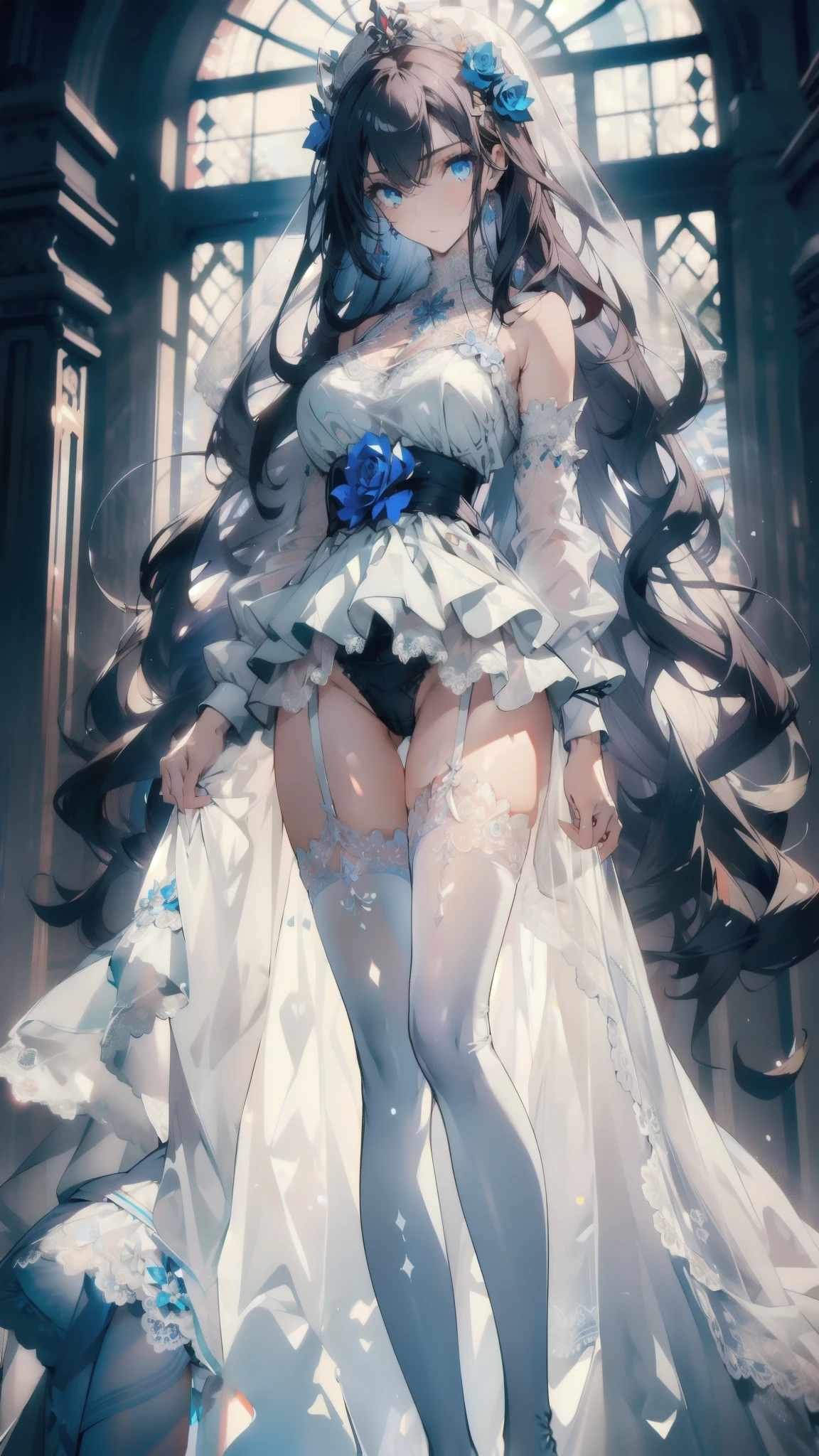 ((masterpiece, best quality)), Delicate face，Saint，whole body，Standing picture，Long legs，Large Breasts，Gradient long wavy hair，Perfect body proportions，Beautiful blue eyes，Extremely beautiful，transparent， Pure white background，Orchid Rose，Sexy_Bikini，Lace，Garter stockings