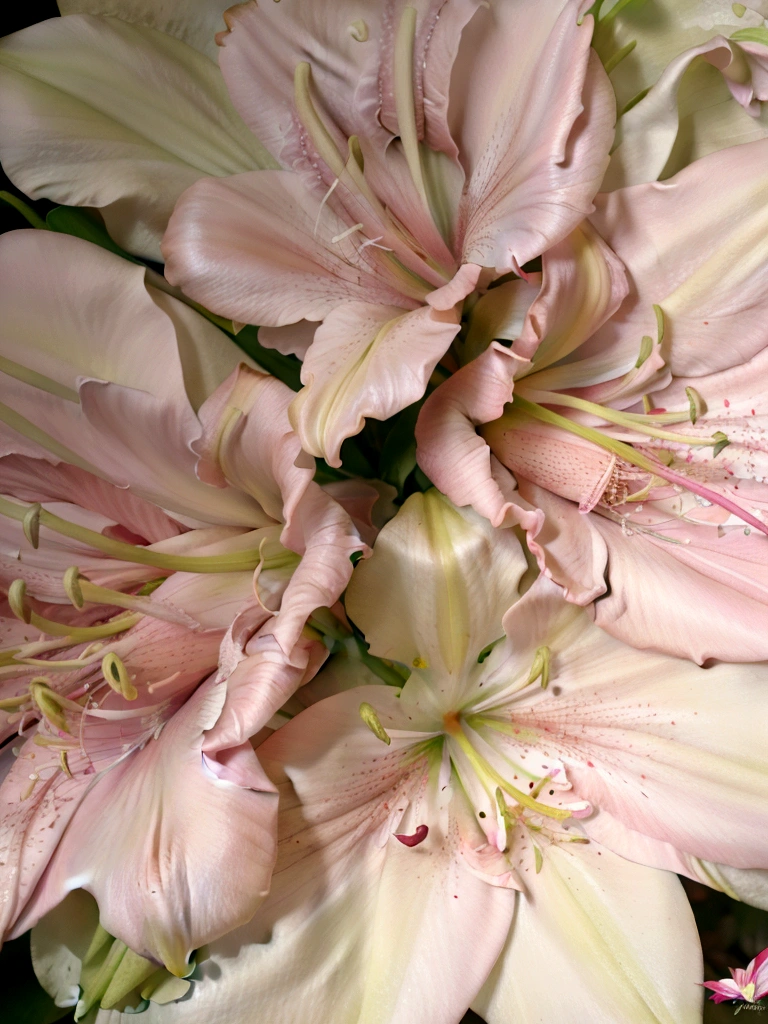 Pink lilies, Stargazer Lilies, photography, macro photo of pink stargazer lilies. Career tattoos, pink lily flowers with white speckles in the petals, in full bloom, two large bright red closed buds at each end of a long stem and four to six short dense leaves