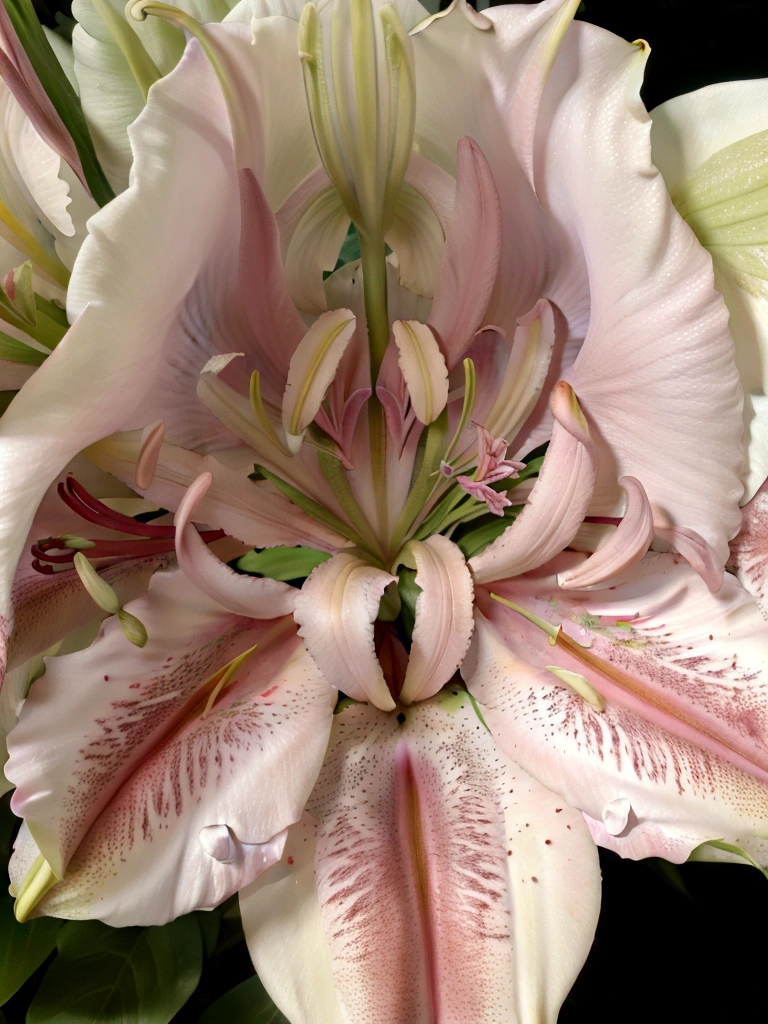 Pink lilies, Stargazer Lilies, photography, macro photo of pink stargazer lilies. Career tattoos, pink lily flowers with white speckles in the petals, in full bloom, two large bright red closed buds at each end of a long stem and four to six short dense leaves
