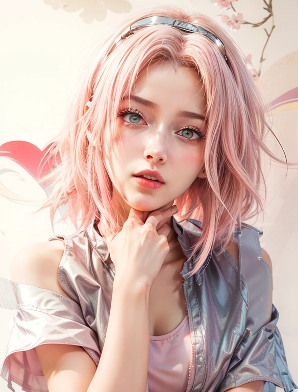 young woman, short shoulder-length pink hair, wide forehead, porcelain skin, pink eyebrows, big emerald green eyes, buttoned nose, full lips, heart-shaped face, slender body, small breasts, red tank top, Sakura Haruno , realistic, realism, details, 3d, well detailed