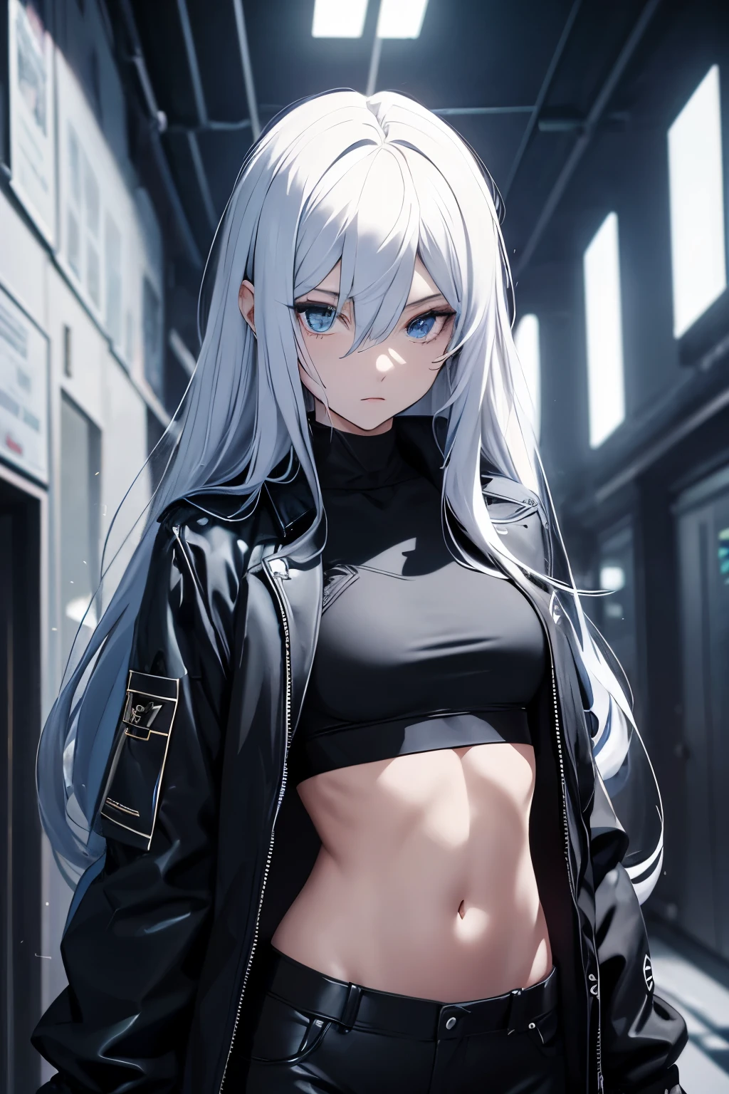 slender, femboy, blue long hair, crop top, black jacket, masterpiece, very beautiful, dark room