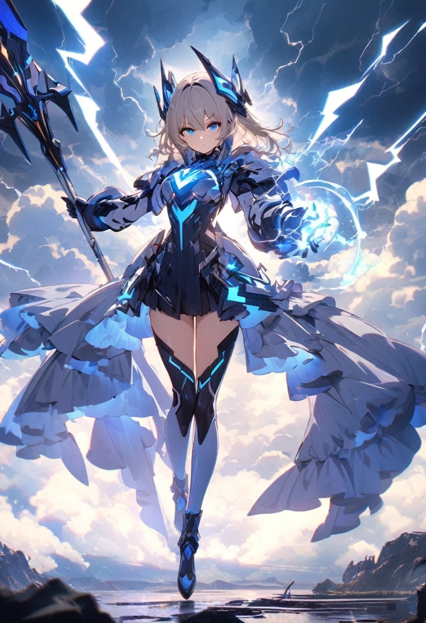 ((full body shot)) of a girl in electrifying, futuristic armor with sleek silver and blue accents, soaring through a stormy, electrified sky. She has short, spiky platinum blonde hair and piercing, electric blue eyes. Her skin has a faint, radiant glow, and she is adorned with intricate lightning bolt motifs. She holds a magnificent staff crackling with arcs of lightning, emitting a powerful, electric aura. The atmosphere is {charged|awe-inspiring}, with thunderclouds and bolts of lightning illuminating the scene. The ground beneath her is charged with static electricity, creating a shimmering effect and adding to the electrifying ambiance. Surrounding her are swirling storm clouds and bursts of lightning in shades of {blue|white}, casting a dynamic, electrical glow. As she flies, she effortlessly manipulates the lightning bolts with her outstretched hand, showcasing her mastery over electricity. The background features towering, swirling storm formations and glimpses of a distant, lightning-lit castle, hinting at a kingdom ruled by thunder and lightning. The scene is intense and majestic, with her face showing a confident yet serene expression, her eyes focused intently on harnessing her power.

[Best quality], [Masterpiece], [Ultra-detailed], [4k], {charged|awe-inspiring} atmosphere, stormy sky, {dynamic pose|commanding pose}, electrified illumination, {soft shadows|dramatic lighting}, {charged ground:0.7}, {swirling storm clouds:0.6}, {bursts of lightning:0.5}, {storm formations:0.4}, {lightning-lit castle:0.3}.