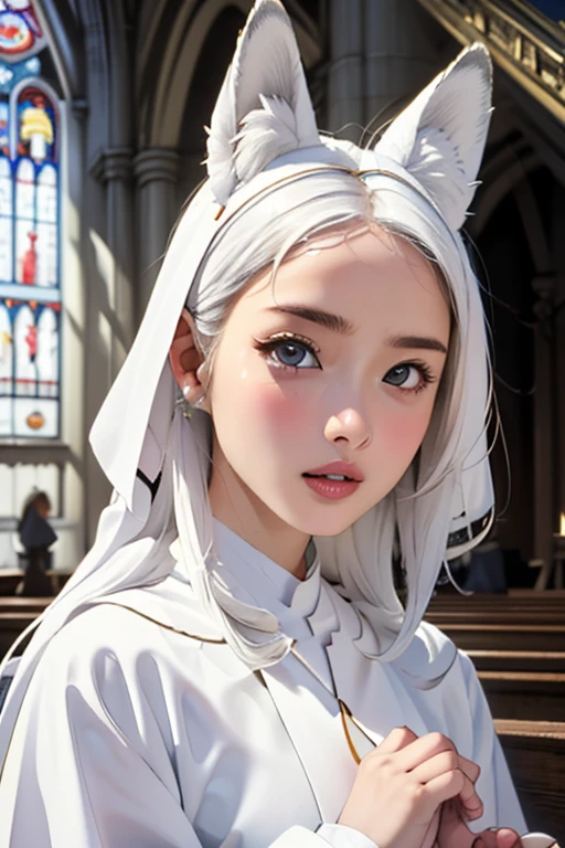 (masterpiece, highest quality), One cute girl、Clergy women、White ceremonial clothing:1.5、Church Sisters、Fox Ears、White Hair、Fox Ears、