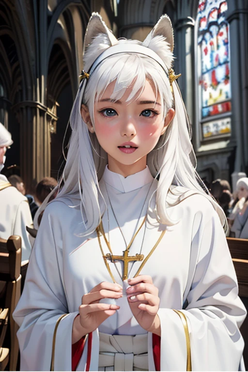 (masterpiece, highest quality), One cute girl、Clergy women、White ceremonial clothing:1.5、Church Sisters、Fox Ears、White Hair、