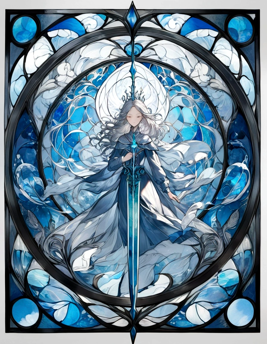 Create a series of images for the element air inspired by the aesthetics of a detailed stained glass window with defined lines and vivid colors as fantasy. Each image should reflect the characteristics of the corresponding element, using an appropriate color palette. The element of air inspired by winds and clouds with white, gray, light blue and silver tones Incorporate elements of air and wind, with light leaves and details in the form of spirals. Symbols or objects such as a spear or scepter with an air motif. Hide a girl representing air with the same stain glass