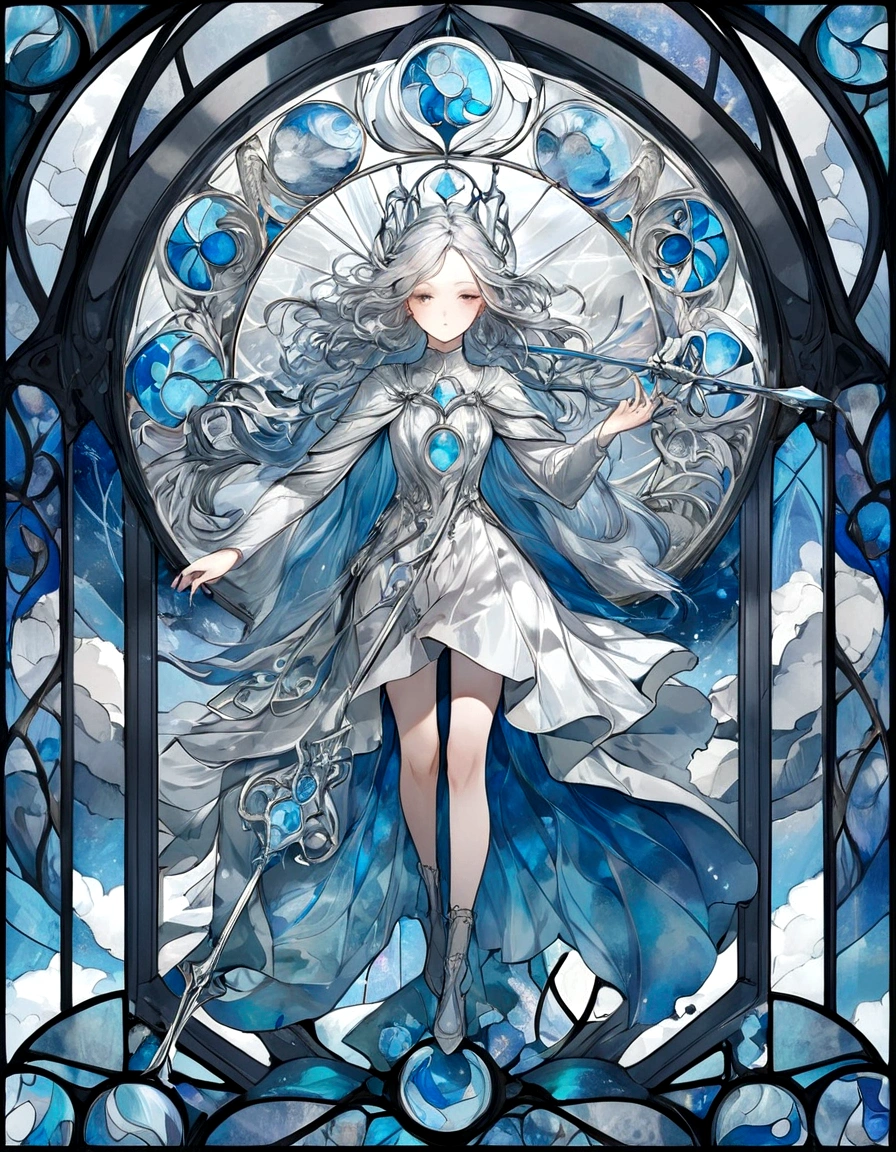 Create a series of images for the element air inspired by the aesthetics of a detailed stained glass window with defined lines and vivid colors as fantasy. Each image should reflect the characteristics of the corresponding element, using an appropriate color palette. The element of air inspired by winds and clouds with white, gray, light blue and silver tones Incorporate elements of air and wind, with light leaves and details in the form of spirals. Symbols or objects such as a spear or scepter with an air motif. Hide a girl representing air with the same stain glass