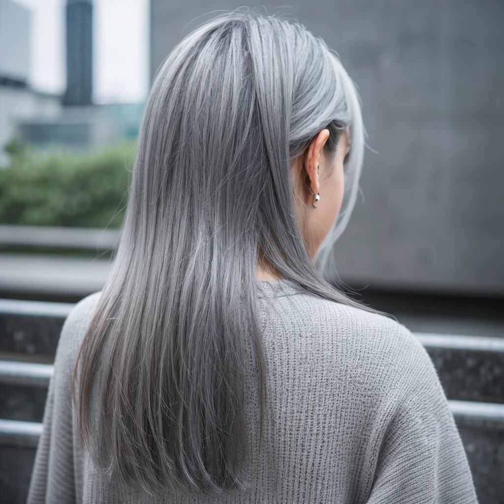 White shirt back view、woman、Close-up of a person with long hair, grey, 青grey, greyになる, Gray Hair, hair color,  8k!!, アッシュブロンドのgreyがかった髪, Flat gray color, High collar, dark Gray Hair, greyがかった色調, Faded colors, long gray-white hair, Background concrete
