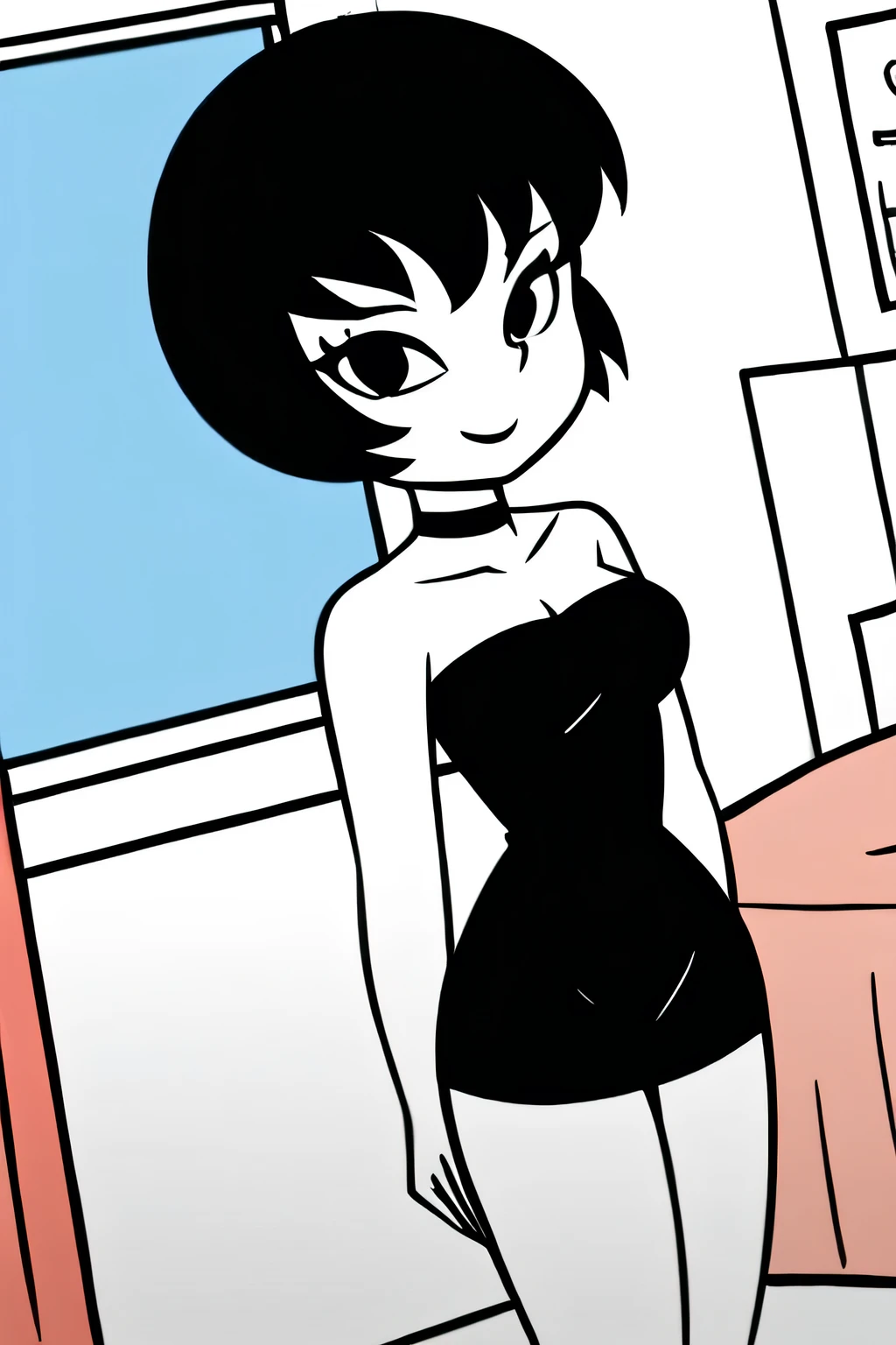 Jucika, digital media, black eyes, black hair, short hair, flat color, flat graphic style, white skin, zPDXL, best quality, amazing quality, score 9, 1girl, collarbone, strapless black tube dress, black chocker, standing in her bedroom with a little blue window, arms at sides, looking at viewer, seductive smile,