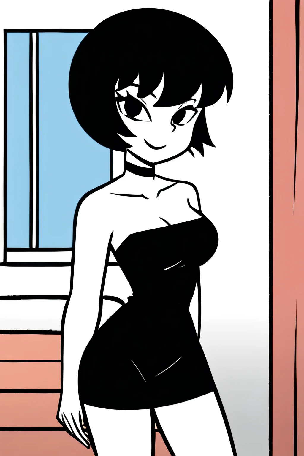 Jucika, digital media, black eyes, black hair, short hair, flat color, flat graphic style, white skin, zPDXL, best quality, amazing quality, score 9, 1girl, collarbone, strapless black tube dress, black chocker, standing in her bedroom with a little blue window, arms at sides, looking at viewer, seductive smile,