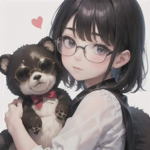 Asian Girls,Slightly fat，17 years old,Cute face,Holding the bear,Bangs,Medium short hair, Black Hair, Clear focus,skirt，Wear round-frame glasses，Q version avatar