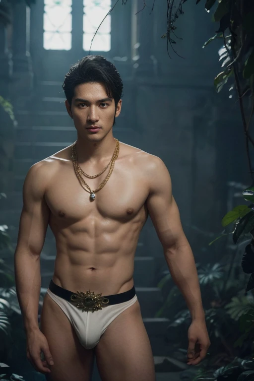 A muscular Korean man is in a wonderland, 20yo, Lleva un rico blanco como la nieve (capa de piel en hombros y espalda) con una pila muy larga, bajo el cual se ve su cuerpo extremadamente musculoso, The emphasis is on the male body. Sobre su cabeza hay un halo rodeado por una nube blanca y una luz sagrada dorada, (Its body is adorned with gold chains with precious stones, Anillos para los dedos), (A heavy belt with a band of gold thong underwear with sparkling gemstones). entrepierna voluptuosa. Tiene el pelo corto y negro con las sienes afeitadas y grandes ojos verdes expresivos. Un reloj marca a lo lejos. This scene looks like something out of the realm of fantasy or legend seen from above