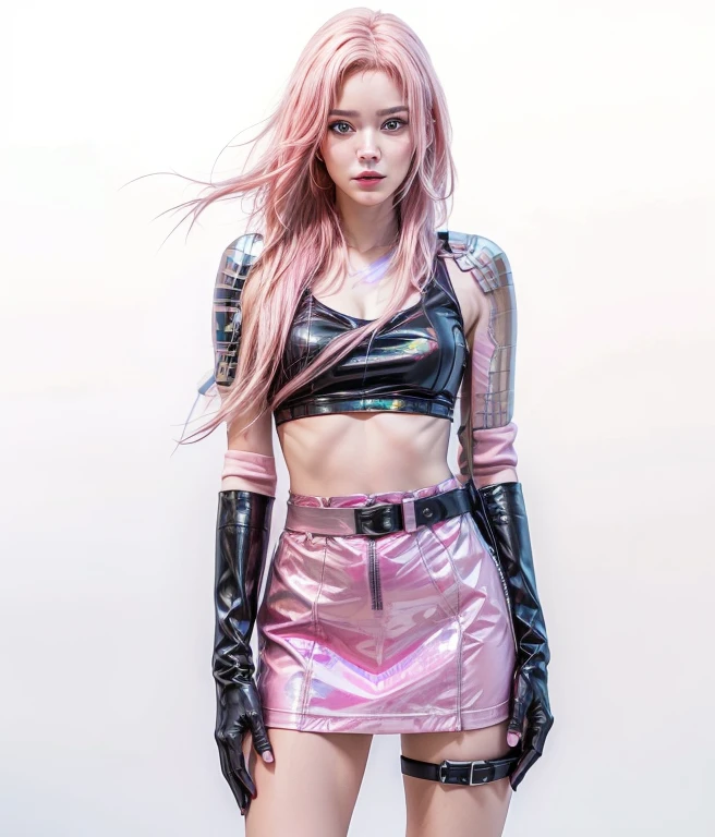 young woman, short shoulder-length pink hair, wide forehead, porcelain skin, pink eyebrows, big emerald green eyes, buttoned nose, full lips, heart-shaped face, slender body, small breasts, red tank top, Sakura Haruno , realistic, realism, details, 3d, well detailed